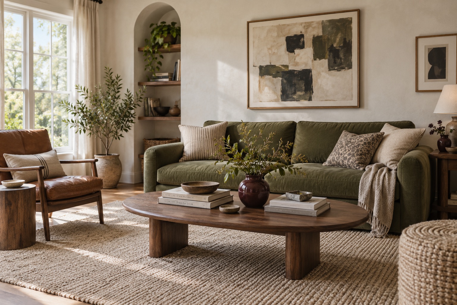 A collected living room with an olive sofa, warm walnut table and natural daylight; a styling illustration