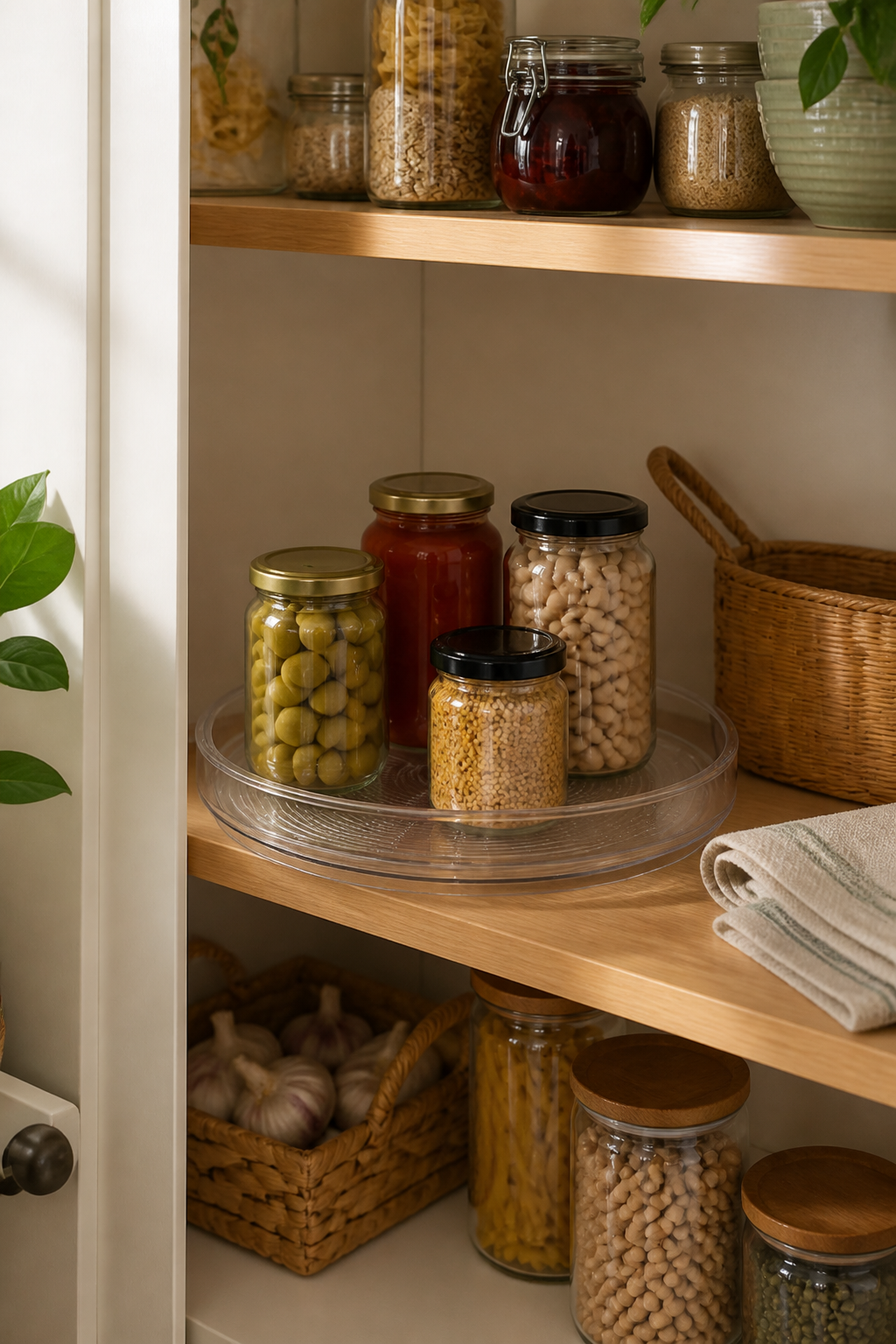 Warm pantry with an organized clear turntable, glass jars, wood shelves, and a woven basket