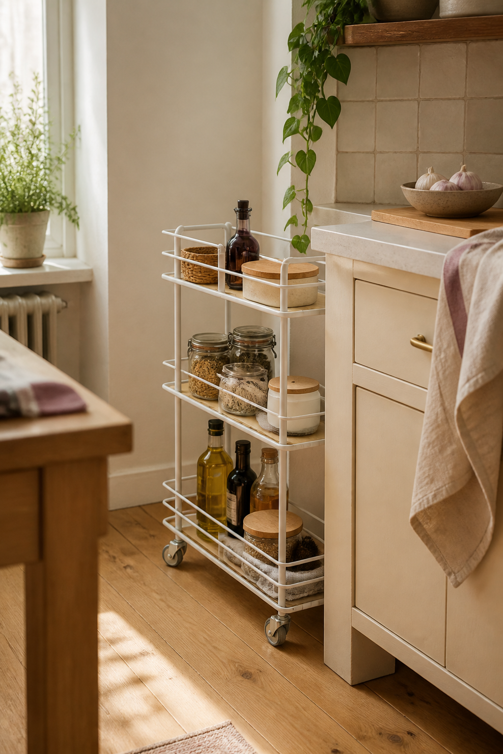 Warm small kitchen with a slim rolling storage cart
