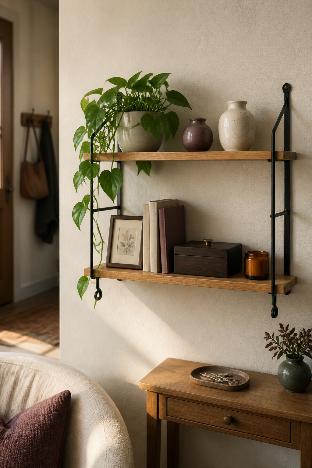 Styled two-tier wall shelf with books, ceramics, and greenery