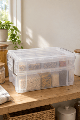 AI-styled home scene illustrating REAL SIMPLE 2-Tier Plastic Organizer with Handles.