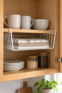 AI-styled home scene illustrating Under Shelf Cabinet Organizer.