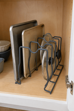AI-styled home scene illustrating Grey 4-Slot Bakeware & Lid Storage Rack.
