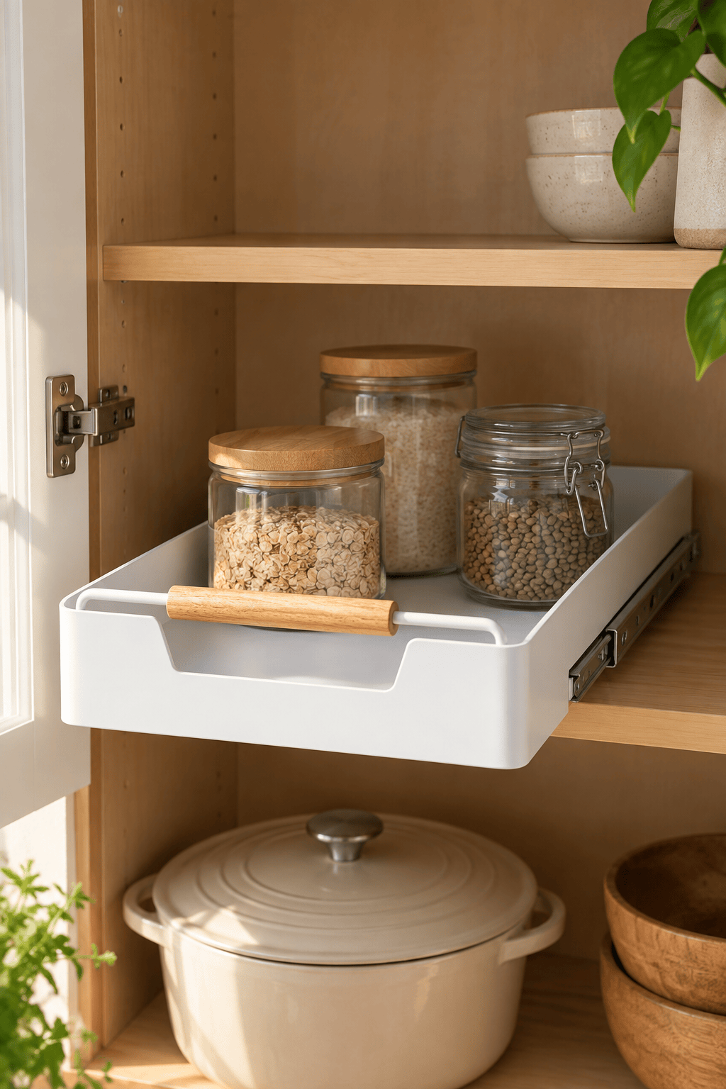 AI-styled kitchen scene illustrating the REAL SIMPLE small cabinet pull-out tray.