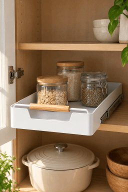 AI-styled home scene illustrating REAL SIMPLE Cabinet Pull Out Tray, Small.
