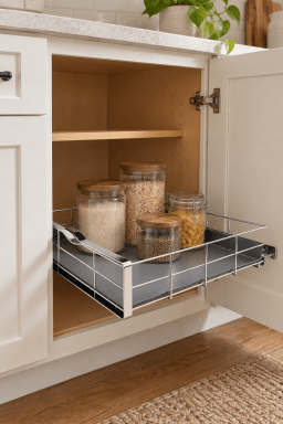 AI-styled home scene illustrating simplehuman 20-Inch Pull-Out Kitchen Cabinet Organizer.