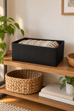 AI-styled home scene illustrating Black Chevron Storage Basket, Small.