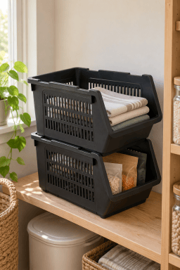 AI-styled home scene illustrating Black Stackable Basket.