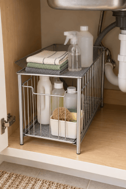AI-styled home scene illustrating Silver Metal Under the Sink Storage, Large.