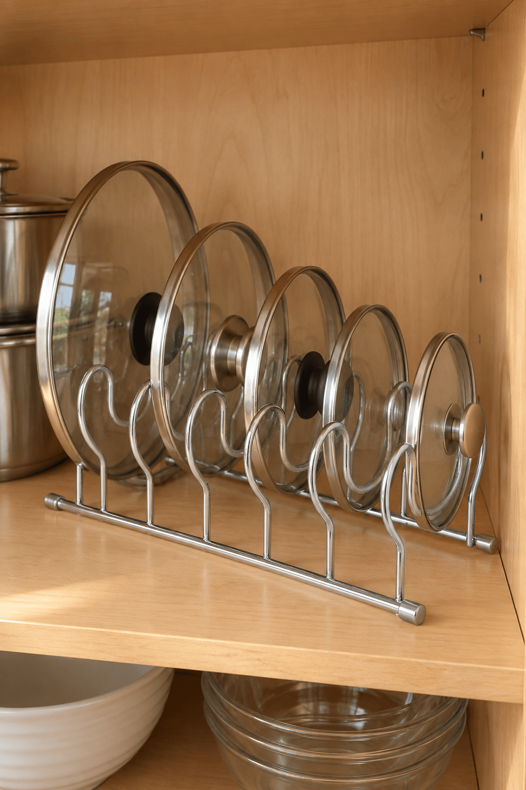 AI-styled kitchen scene illustrating the chrome Euro Lid Organizer.