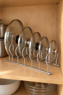 AI-styled home scene illustrating Euro Lid Organizer, Chrome.