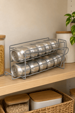 AI-styled home scene illustrating 2-Tier Beverage Can Dispenser, Grey.