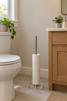 AI-styled home scene illustrating Acrylic and Polished Nickel Toilet Paper Storage Tower.