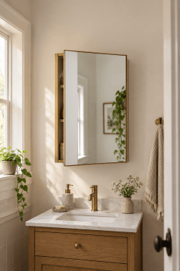 AI-styled home scene illustrating Infinity Brass Medicine Cabinet 24 x 36.