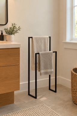 AI-styled home scene illustrating Dois Matte Black Double Rod Towel Rack.