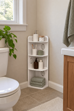 AI-styled home scene illustrating 4-Tier Corner Storage Shelf Organizer for Bathroom, White.