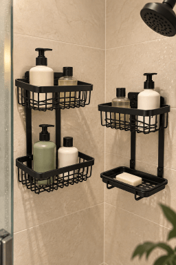 AI-styled home scene illustrating YIGII Stainless Steel Adhesive Shower Caddy, 2-Pack.