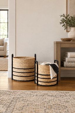 AI-styled home scene illustrating Aminah Woven Storage Basket with Black Handles, Set of 2.