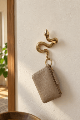 AI-styled home scene illustrating Unlacquered Brass Snake Wall Hook.