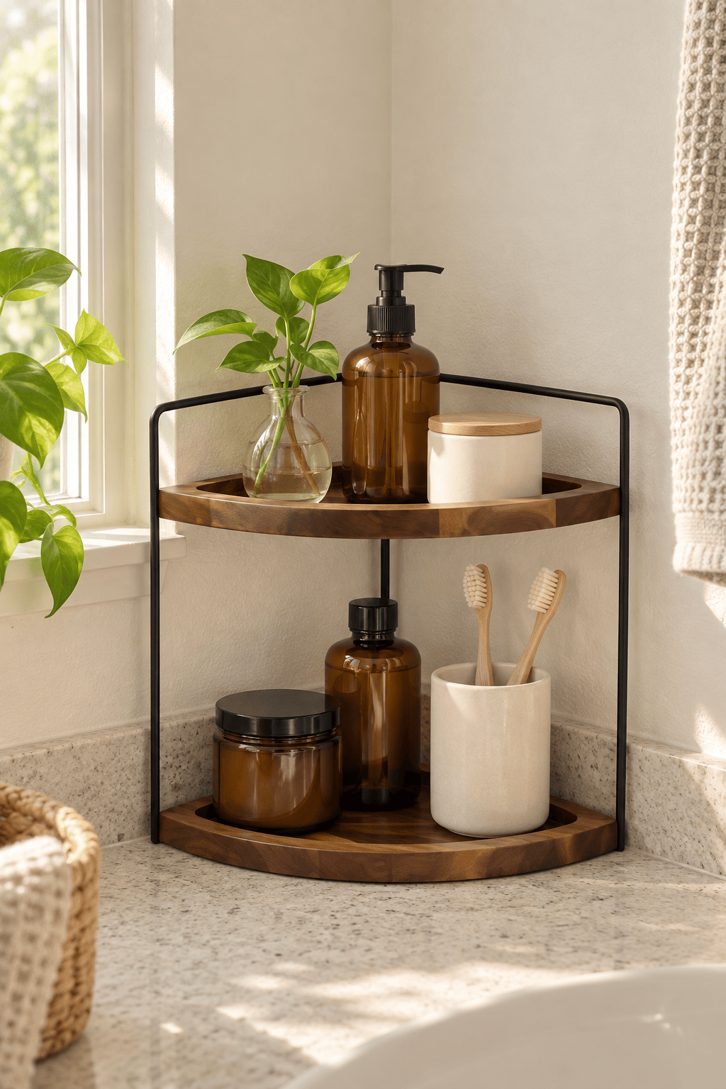 AI-styled bathroom scene illustrating a two-tier corner countertop organizer.