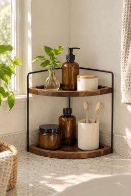 AI-styled home scene illustrating Bathroom Corner Counter Organizer.
