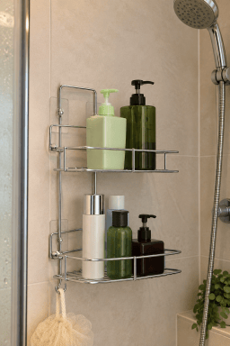 AI-styled home scene illustrating 2-Tier Wall-Mounted Bathroom Shelf with Removable Basket.