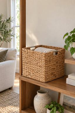 AI-styled home scene illustrating Household Essentials Square Wicker Basket.