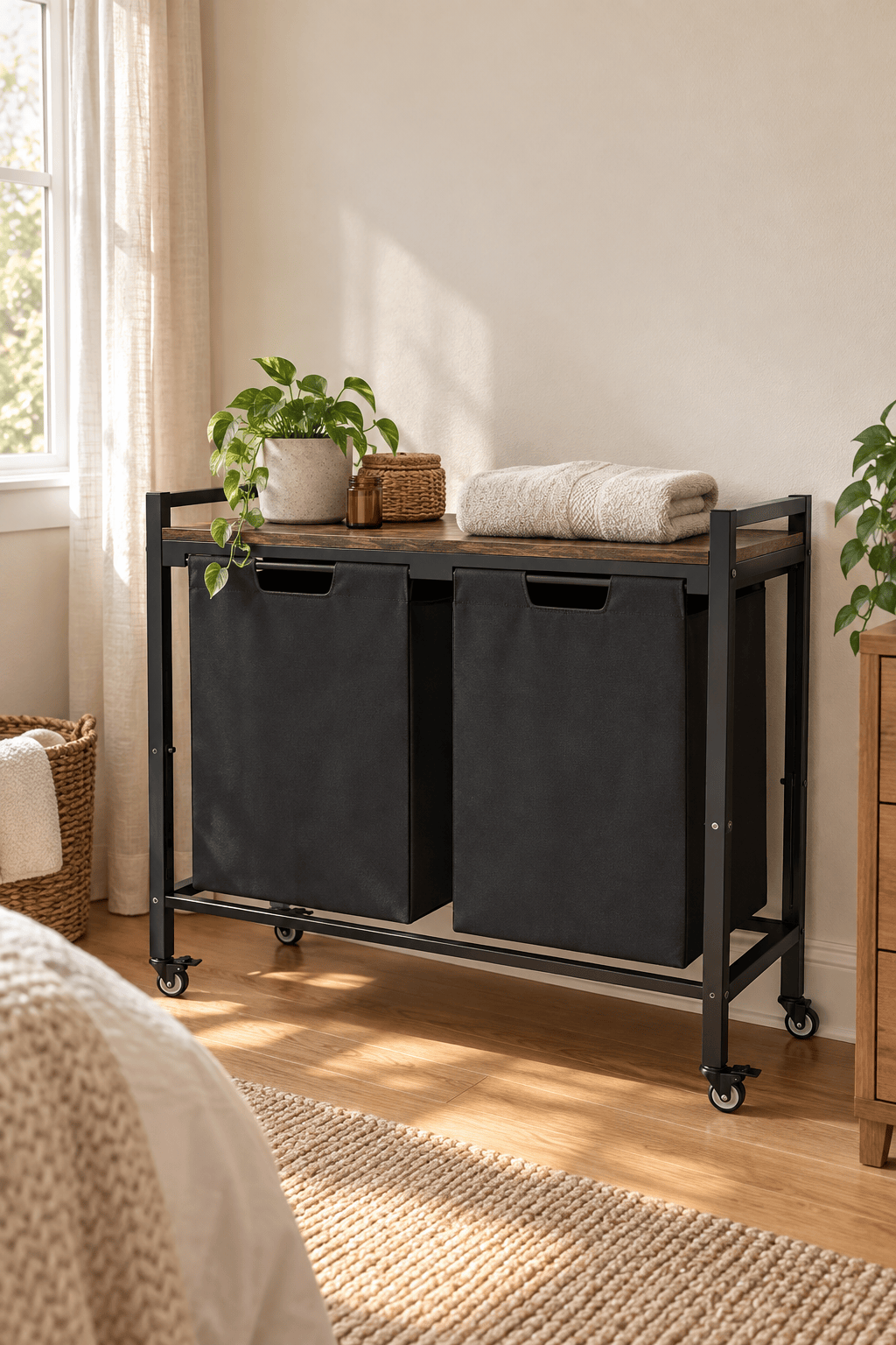 AI-styled bedroom scene illustrating a brown and black rolling laundry hamper with two bags.