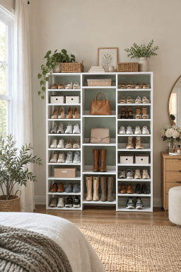 AI-styled home scene illustrating 47-Inch White 14-Tier Shoe Storage Cabinet with 22 Cubbies.
