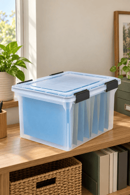 AI-styled home scene illustrating IRIS 32-Quart WeatherPro File Organizer.