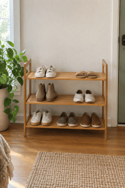 AI-styled home scene illustrating Oceanstar 3-Tier Bamboo Shoe Rack.