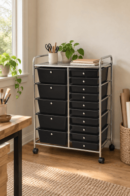 AI-styled home scene illustrating GOUUN 15-Drawer Utility Rolling Organizer Cart.