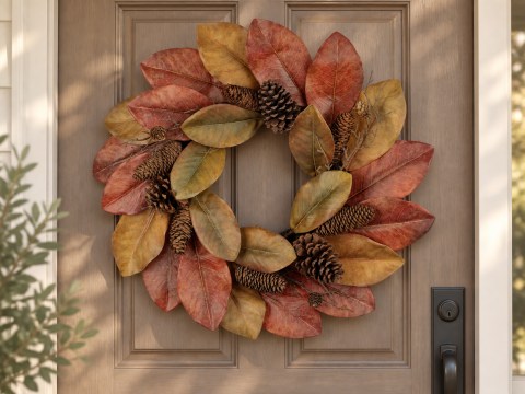Magnolia Fall Wreath for the Front Door in a warm home setting. AI-styled product image.