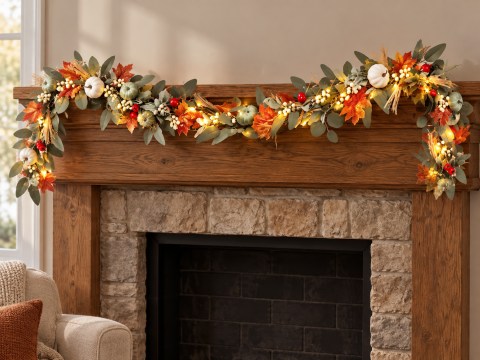 Lighted Fall Garland for Mantel and Table Decor in a warm home setting. AI-styled product image.
