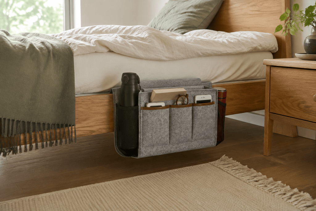 Gray felt bedside caddy beside an oak bed with relaxed linen bedding.