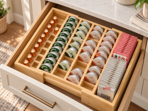 Expandable Bamboo Coffee Pod Drawer Insert in a warm home setting. AI-styled product image.