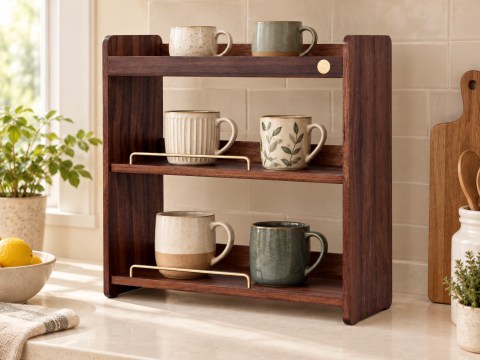 Wooden Coffee Mug Rack in a warm home setting. AI-styled product image.