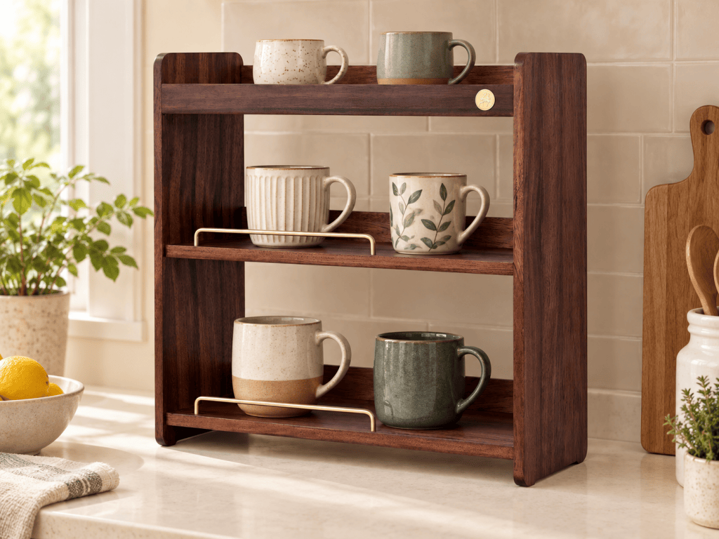 Dark wood three-tier mug shelf with brass guard rails and ceramic mugs on a cream kitchen counter. AI-styled product image.