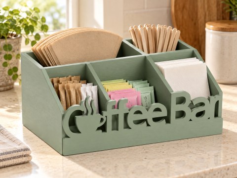 Sage Coffee Station Organizer in a warm home setting. AI-styled product image.