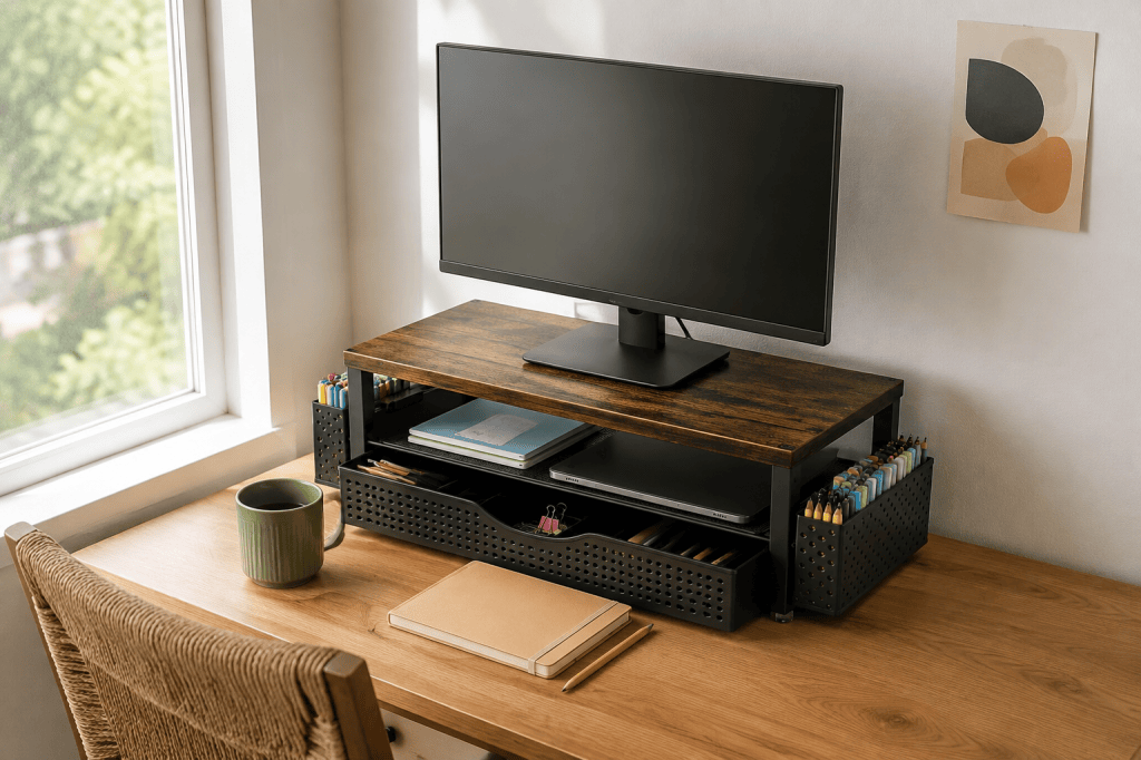 Wood-top monitor organizer with a black drawer on a sunlit home desk.