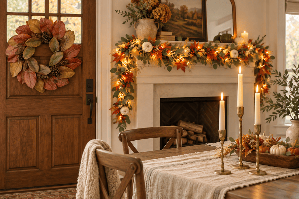 Warm fall entry and dining room with a magnolia wreath, lighted garland, and brass candlestick holders