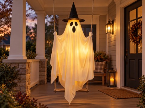 Hanging Ghost Decoration for the Front Porch in a warm home setting. AI-styled product image.