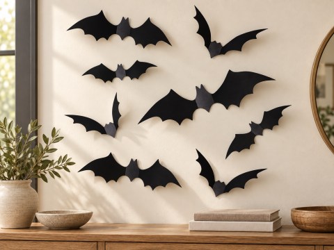 Halloween Bat Wall Decals in a warm home setting. AI-styled product image.