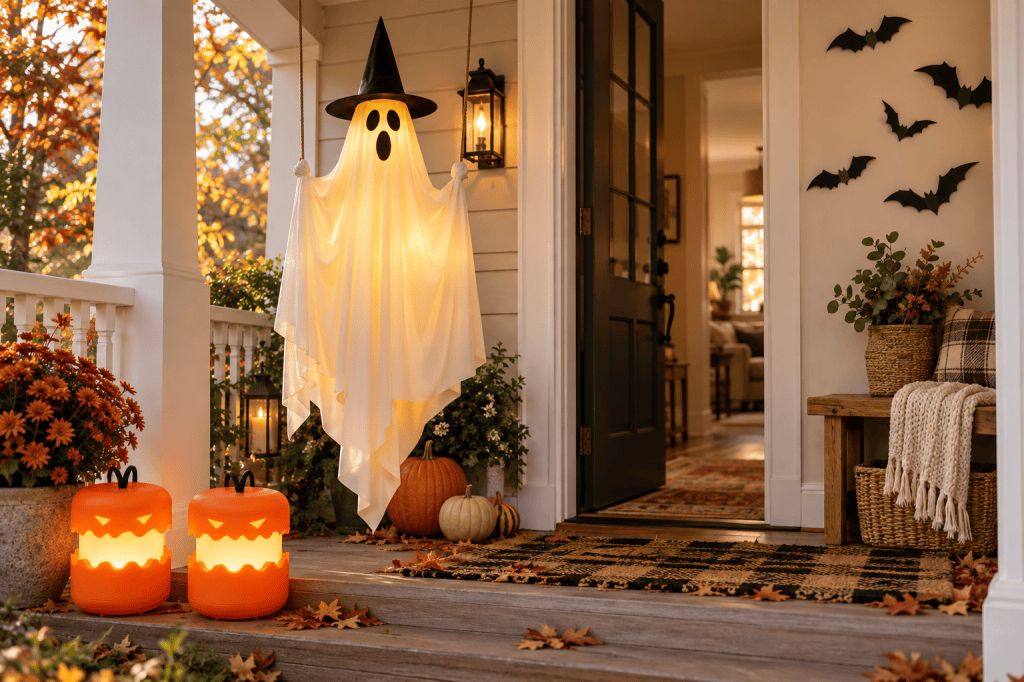 Warm Halloween porch with a hanging ghost, black bat wall decals, and glowing pumpkin lanterns