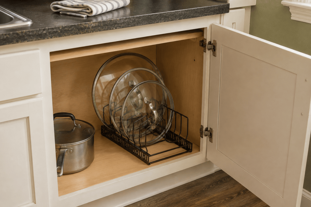 Pot lids stored upright in a metal rack inside an open kitchen cabinet.