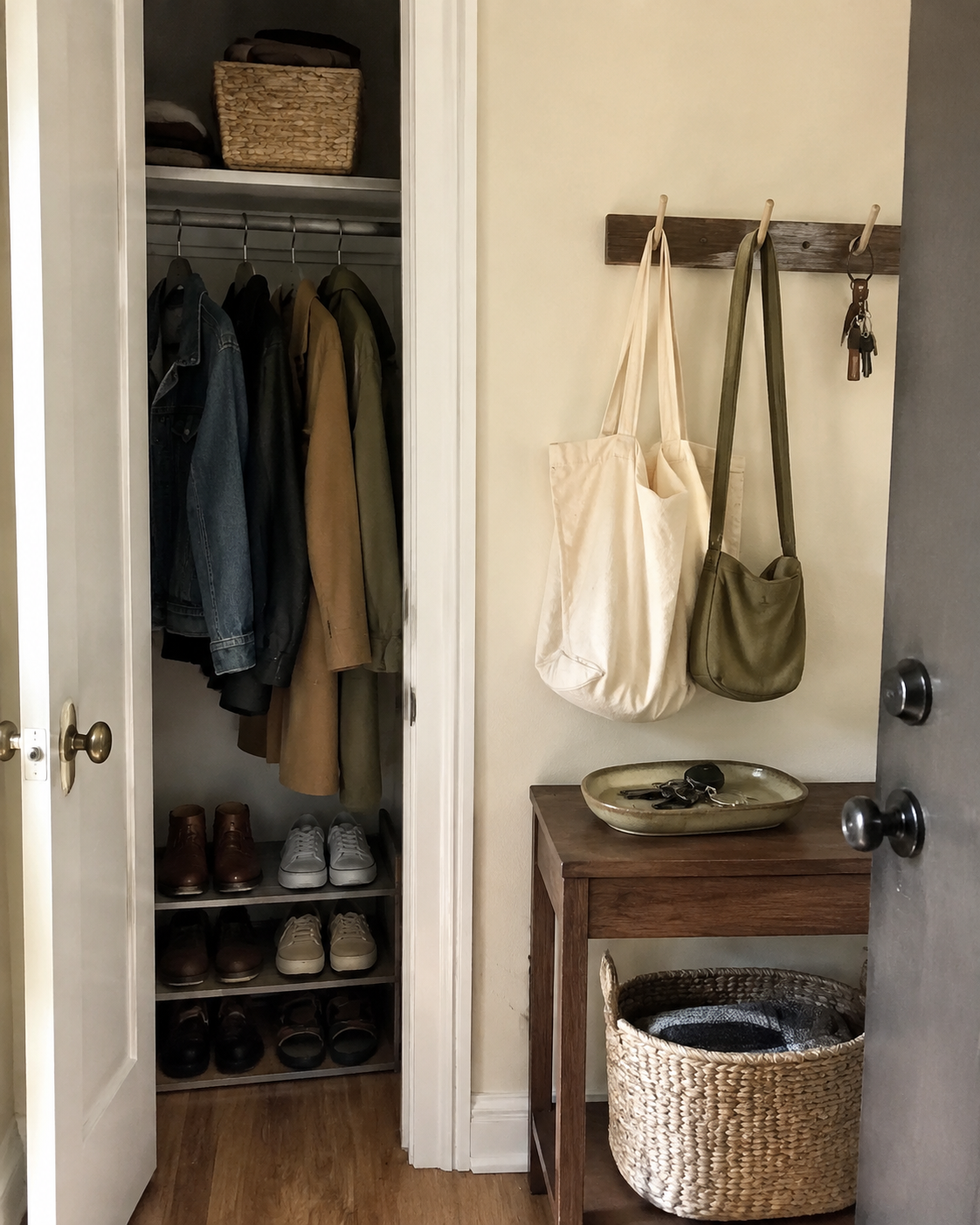 Warm small entryway and closet storage vignette with baskets, hooks, shoes, and everyday bags