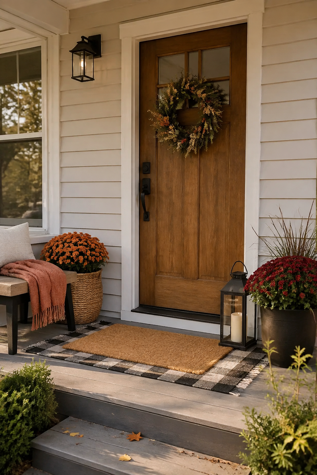 Warm fall front porch vignette with a layered mat, wreath, planters, lantern, and wood door