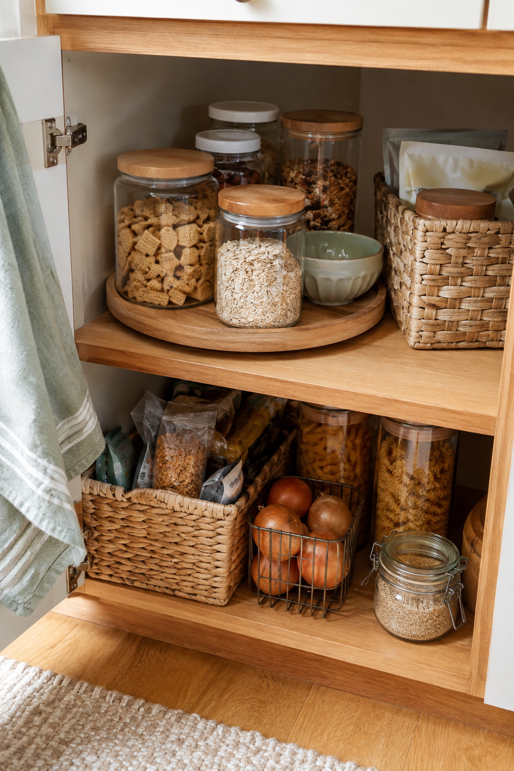 Everyday pantry cabinet vignette with reachable jars, baskets, and warm kitchen daylight