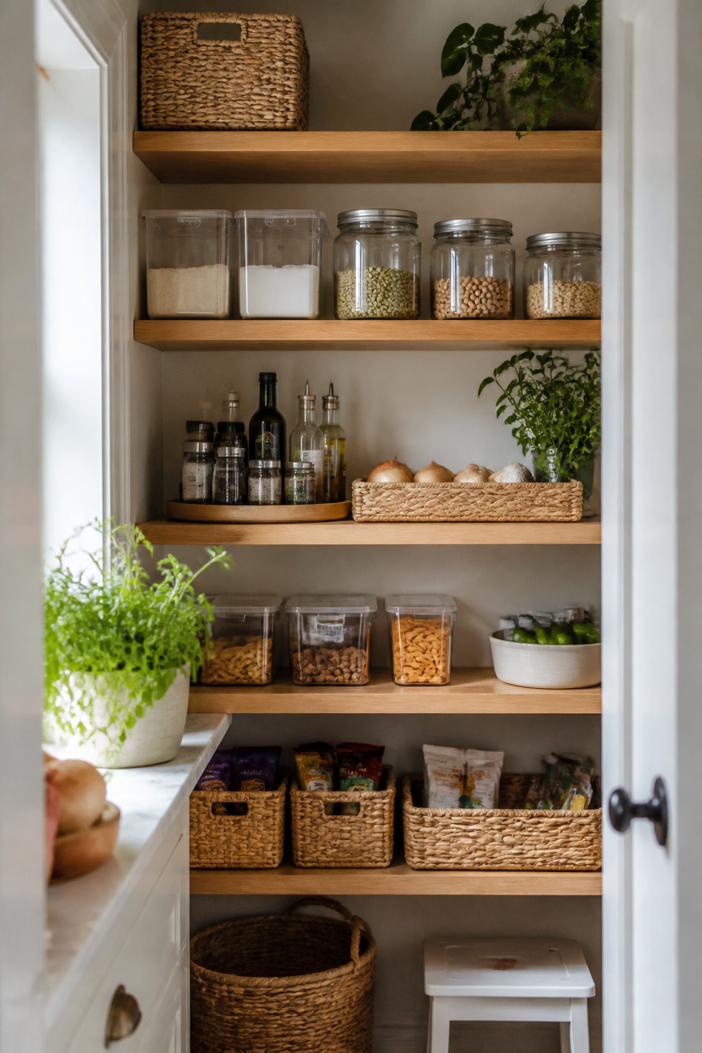 Warm pantry organization vignette with clear jars, baskets, wood shelves, and soft window light