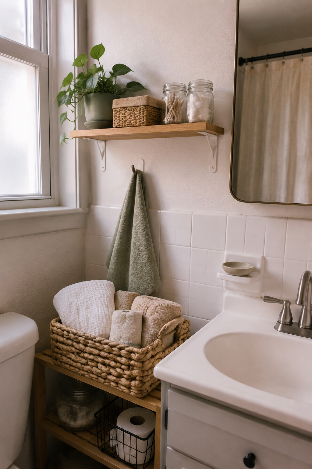 Small renter bathroom storage vignette with towels, jars, a shelf, woven baskets, and soft daylight